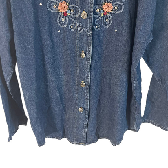 Miss & Mrs One Size Vintage Denim Floral Western Button Up Denim Shirt‎ - Picture 7 of 8